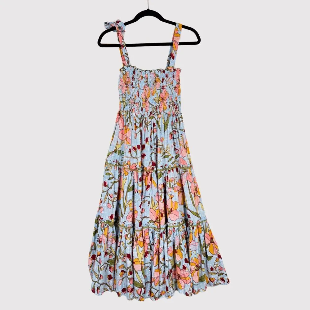 Poupette St Barth Dress Blue Midi Kleid Triny Floral Tank Tiered Smocked Boho XS